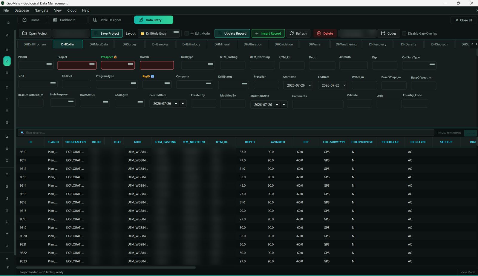 GeoMate Data Entry: a per-project capture layout over the DHCollar table, with the coded fields above and the records already logged for the hole below. Client identifiers and collar coordinates are blurred.